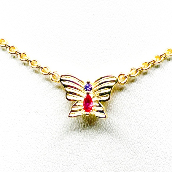 NWOT Sterling silver 14k gold plated butterfly necklace with red stone 16”-18” - Picture 5 of 12